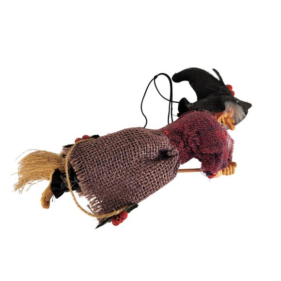Vintage Witch Doll 9" Handmade Fabric & Resin Broomstick Hanging Decor Halloween - Picture 14 of 16